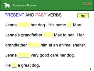 2
Jenna _____ her dog. His name __ Max.
Jenna’s grandfather ____ Max to her. Her
grandfather _____ him at an animal shelter.
Jenna _____ very good care her dog.
He __ a great dog.
loves
be
Review and Preview
PRESENT AND PAST VERBS lovegivefindtake
gave
found
takes
is
is
be
 