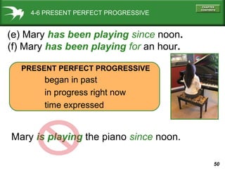 50
4-6 PRESENT PERFECT PROGRESSIVE
(e) Mary has been playing since noon.
PRESENT PERFECT PROGRESSIVE
began in past
in progress right now
time expressed
Mary is playing the piano since noon.
(f) Mary has been playing for an hour.
 