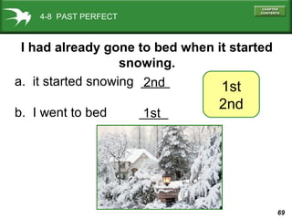69
4-8 PAST PERFECT
1st
2nd
I had already gone to bed when it started
snowing.
a. it started snowing ____
b. I went to bed ____1st
2nd
 