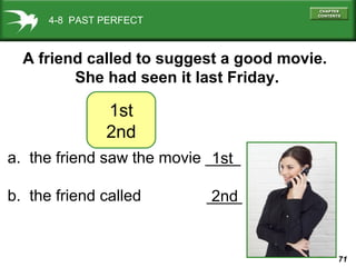 71
4-8 PAST PERFECT
1st
2nd
A friend called to suggest a good movie.
She had seen it last Friday.
a. the friend saw the movie ____
b. the friend called ____
1st
2nd
 