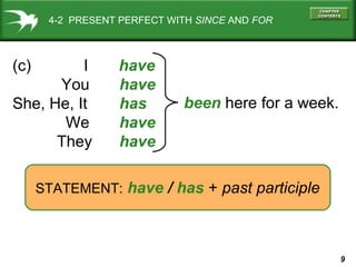9
4-2 PRESENT PERFECT WITH SINCE AND FOR
(c) I have
You have
She, He, It has
We have
They have
STATEMENT: have / has + past participle
been here for a week.
 