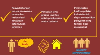 Penyederhanaan
proses penawaran
umum dan
rasionalisasi
kewajiban
keterbukaan
informasi
Perluasan jenis
produk investasi
untuk pembiayaan
sektor tertentu
Peningkatan
kualitas pelaku
industri untuk
dapat memberikan
pelayanan yang
terbaik bagi
masyarakat
  
Go
Public
QUALITY
IMPROVEMENT
 