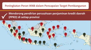 Peningkatan Peran IKNB dalam Pencapaian Target Pembangunan

Mendorong pendirian perusahaan penjaminan kredit daerah
(PPKD) di setiap provinsi
 