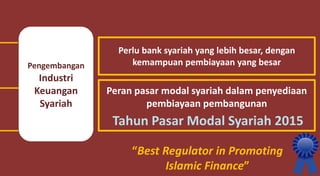 Perlu bank syariah yang lebih besar, dengan
kemampuan pembiayaan yang besar
Peran pasar modal syariah dalam penyediaan
pembiayaan pembangunan
“Best Regulator in Promoting
Islamic Finance”
Pengembangan
Industri
Keuangan
Syariah
Tahun Pasar Modal Syariah 2015
 