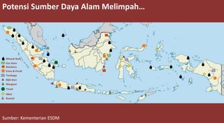 Potensi Sumber Daya Alam Melimpah…
Minyak Bumi
Gas Alam
Batubara
Emas & Perak
Tembaga
Bijih Besi
Mangaan
Timah
Nikel
Bauksit
Sumber: Kementerian ESDM
 