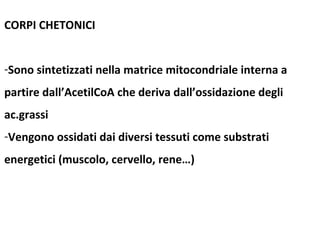 CORPI CHETONICI 
-Sono sintetizzati nella matrice mitocondriale interna a 
partire dall’AcetilCoA che deriva dall’ossidazione degli 
ac.grassi 
-Vengono ossidati dai diversi tessuti come substrati 
energetici (muscolo, cervello, rene…) 
 