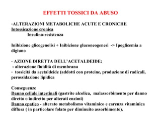 EFFETTI TOSSICI DA ABUSO 
-ALTERAZIONI METABOLICHE ACUTE E CRONICHE 
Intossicazione cronica 
Insulino-resistenza 
Inibizione glicogenolisi + Inibizione gluconeogenesi -> Ipoglicemia a 
digiuno 
- AZIONE DIRETTA DELL’ACETALDEIDE: 
- alterazione fluidità di membrana 
- tossicità da acetaldeide (addotti con proteine, produzione di radicali, 
perossidazione lipidica 
Conseguenze 
Danno cellule intestinali (gastrite alcolica, malassorbimento per danno 
diretto o indiretto per alterati enzimi) 
Danno epatico - alterato metabolismo vitaminico e carenza vitaminica 
diffusa ( in particolare folato per diminuito assorbimento). 
 