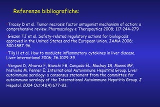 Referenze bibliografiche:
•Tracey D et al. Tumor necrosis factor antagonist mechanism of action: a
comprehensive review. Pharmacology e Therapeutics 2008; 117:244-279
•Giezen TJ et al. Safety-related regulatory actions for biologicals
approved in the United States and the European Union. JAMA 2008;
300:1887-96.
•Tilg H et al. How to modulate inflammatory cytokines in liver disease.
Liver international 2006; 26:1029-39.
•Vergani D, Alvarez F, Bianchi FB, Cançado EL, Mackay IR, Manns MP,
Nishioka M, Penner E; International Autoimmune Hepatitis Group. Liver
autoimmune serology: a consensus statement from the committee for
autoimmune serology of the International Autoimmune Hepatitis Group. J
Hepatol. 2004 Oct;41(4):677-83.

 