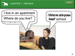 CHAPTER 1: PREVIEW

I live in an apartment
about do you live?
Whereten minutes
away by bicycle.

IWhere a house
live in do you
near school.
live?

5

 