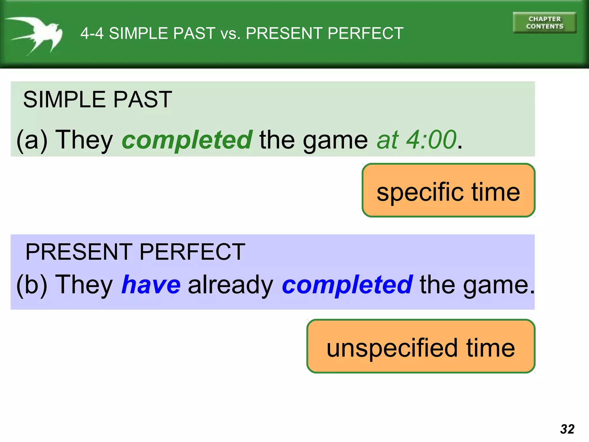32 
4-4 SIMPLE PAST vs. PRESENT PERFECT 
SIMPLE PAST 
(a) They completed the game at 4:00. 
specific time 
PRESENT PERFECT 
(b) They have already completed the game. 
unspecified time 
 
