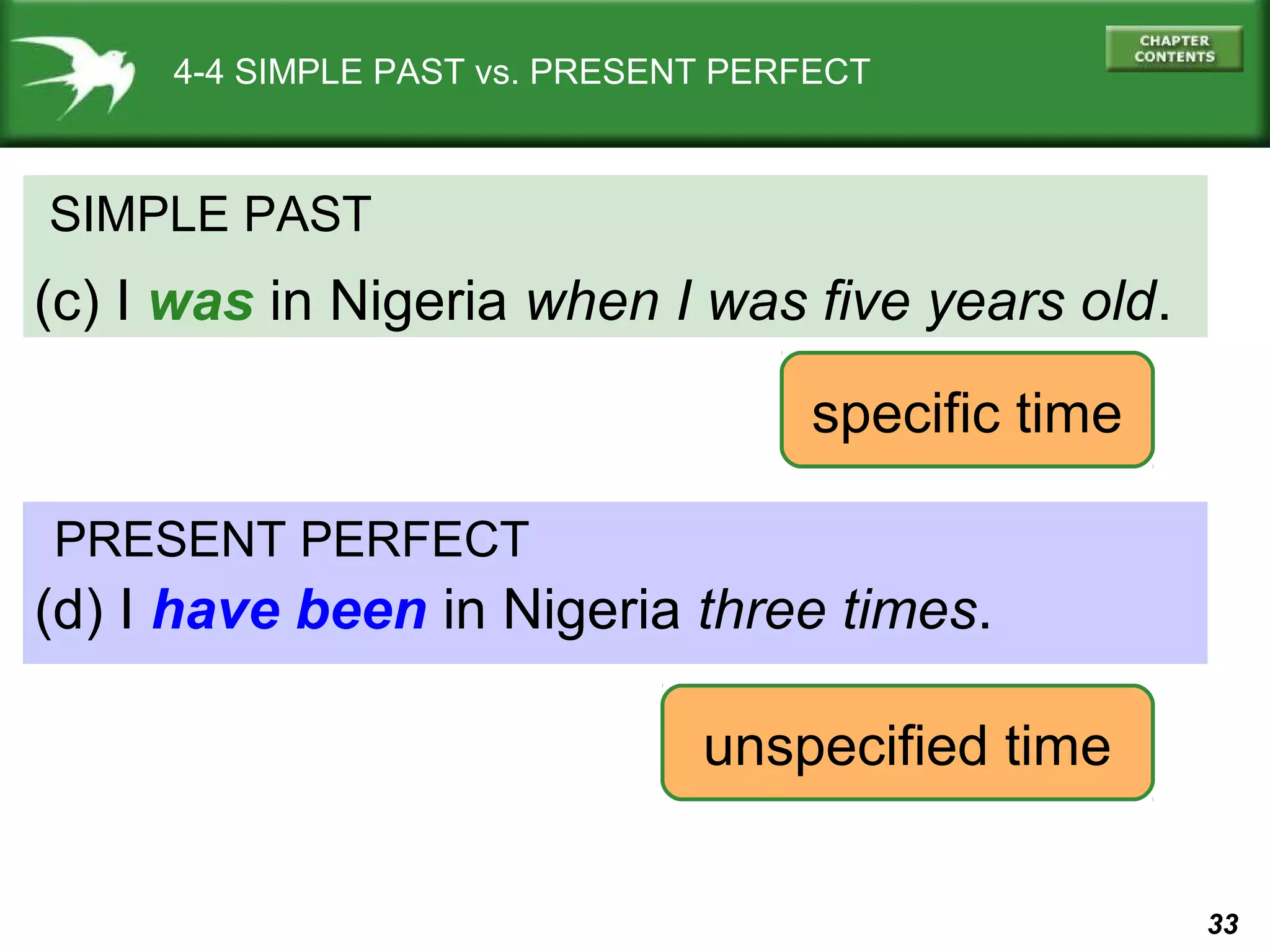 33 
4-4 SIMPLE PAST vs. PRESENT PERFECT 
SIMPLE PAST 
(c) I was in Nigeria when I was five years old. 
specific time 
PRESENT PERFECT 
(d) I have been in Nigeria three times. 
unspecified time 
 