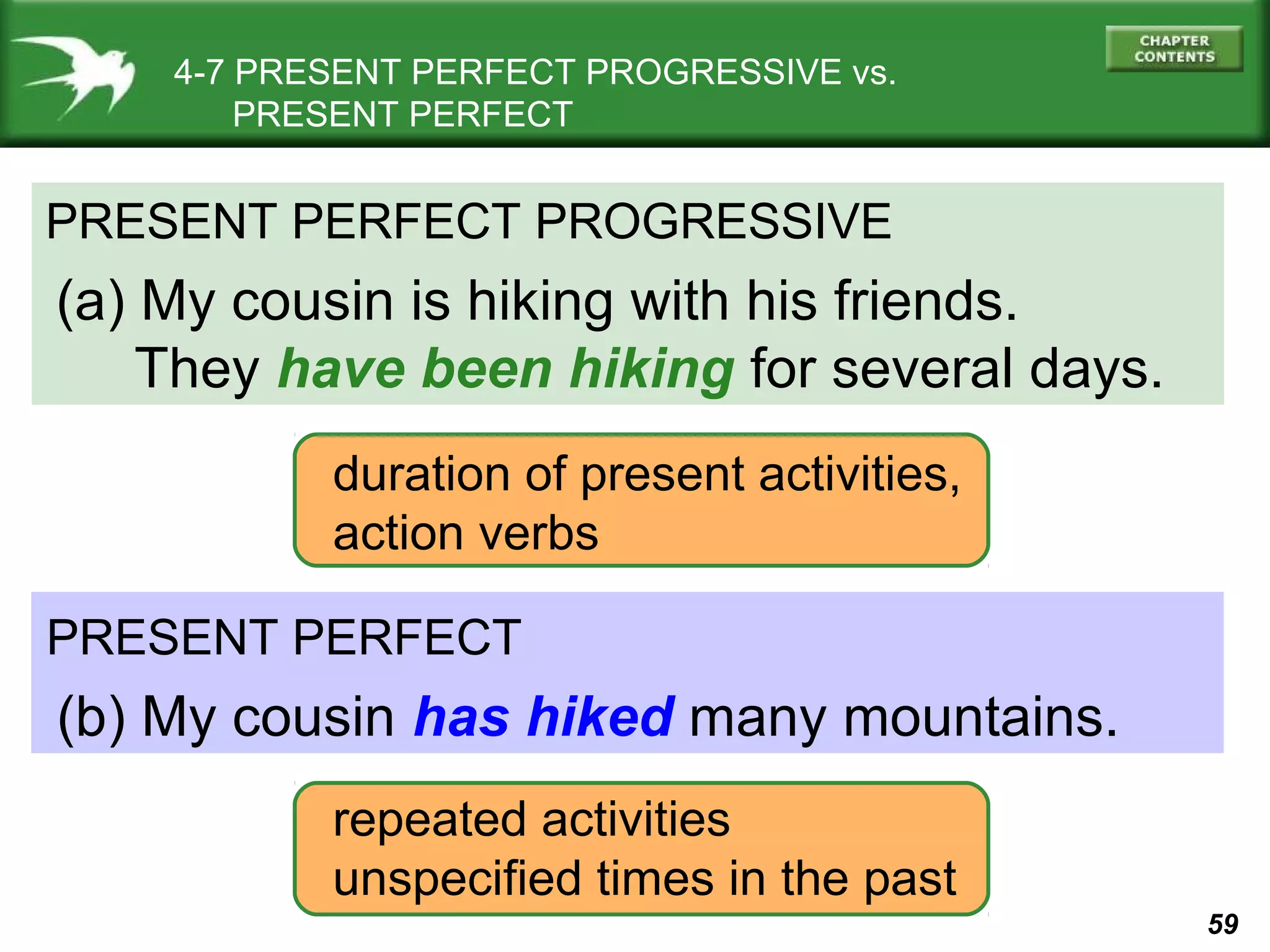 59 
4-7 PRESENT PERFECT PROGRESSIVE vs. 
PRESENT PERFECT 
PRESENT PERFECT PROGRESSIVE 
(a) My cousin is hiking with his friends. 
They have been hiking for several days. 
duration of present activities, 
action verbs 
PRESENT PERFECT 
(b) My cousin has hiked many mountains. 
repeated activities 
unspecified times in the past 
 