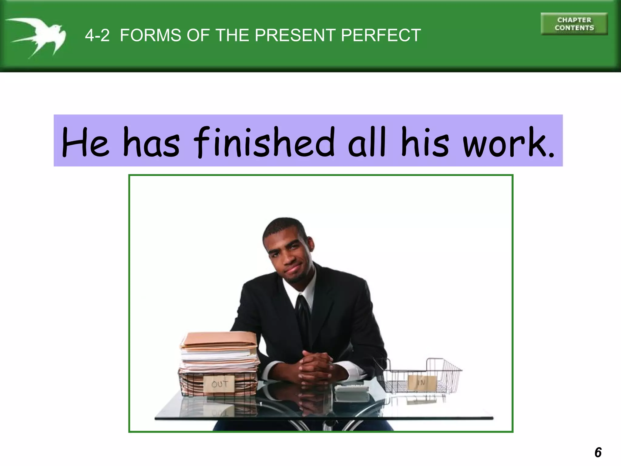 6 
4-2 FORMS OF THE PRESENT PERFECT 
He has finished all his work. 
 