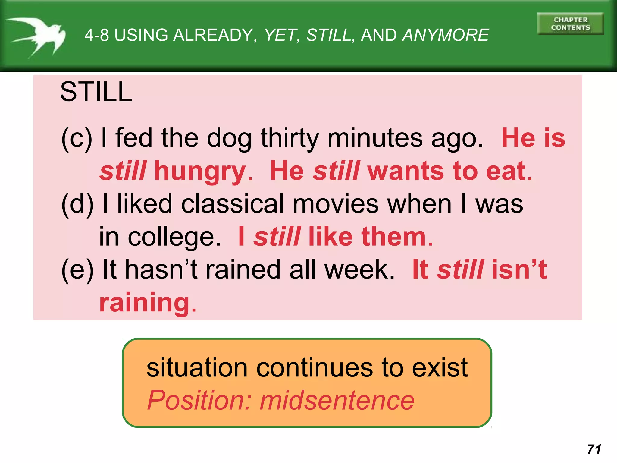71 
4-8 USING ALREADY, YET, STILL, AND ANYMORE 
STILL 
(c) I fed the dog thirty minutes ago. He is 
still hungry. He still wants to eat. 
(d) I liked classical movies when I was 
in college. I still like them. 
(e) It hasn’t rained all week. It still isn’t 
raining. 
situation continues to exist 
Position: midsentence 
 