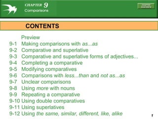 1
Preview
9-1 Making comparisons with as...as
9-2 Comparative and superlative
9-3 Comparative and superlative forms of adjectives...
9-4 Completing a comparative
9-5 Modifying comparatives
9-6 Comparisons with less...than and not as...as
9-7 Unclear comparisons
9-8 Using more with nouns
9-9 Repeating a comparative
9-10 Using double comparatives
9-11 Using superlatives
9-12 Using the same, similar, different, like, alike
CONTENTS
 
