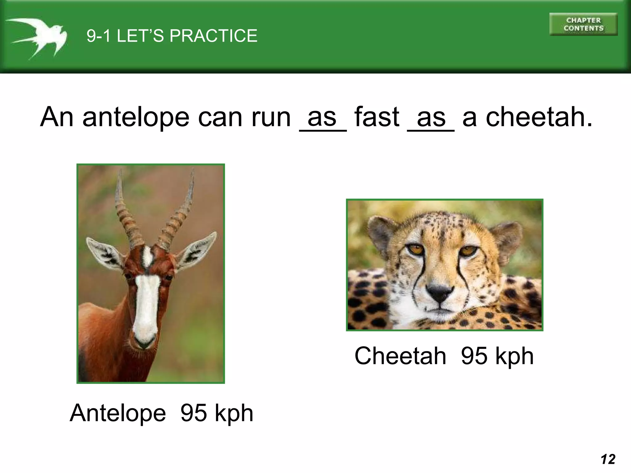 9-1 LET’S PRACTICE Cheetah  95 kph Antelope  95 kph An antelope can run ___ fast ___ a cheetah. as as 