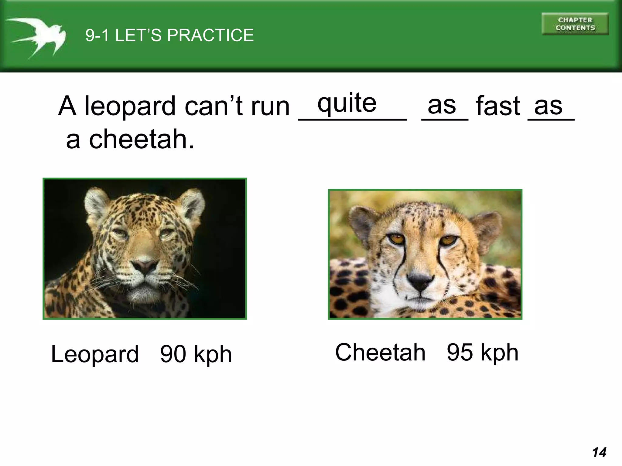 9-1 LET’S PRACTICE A leopard can’t run _______  ___ fast ___  a cheetah. as as quite  Leopard  90 kph  Cheetah  95 kph 