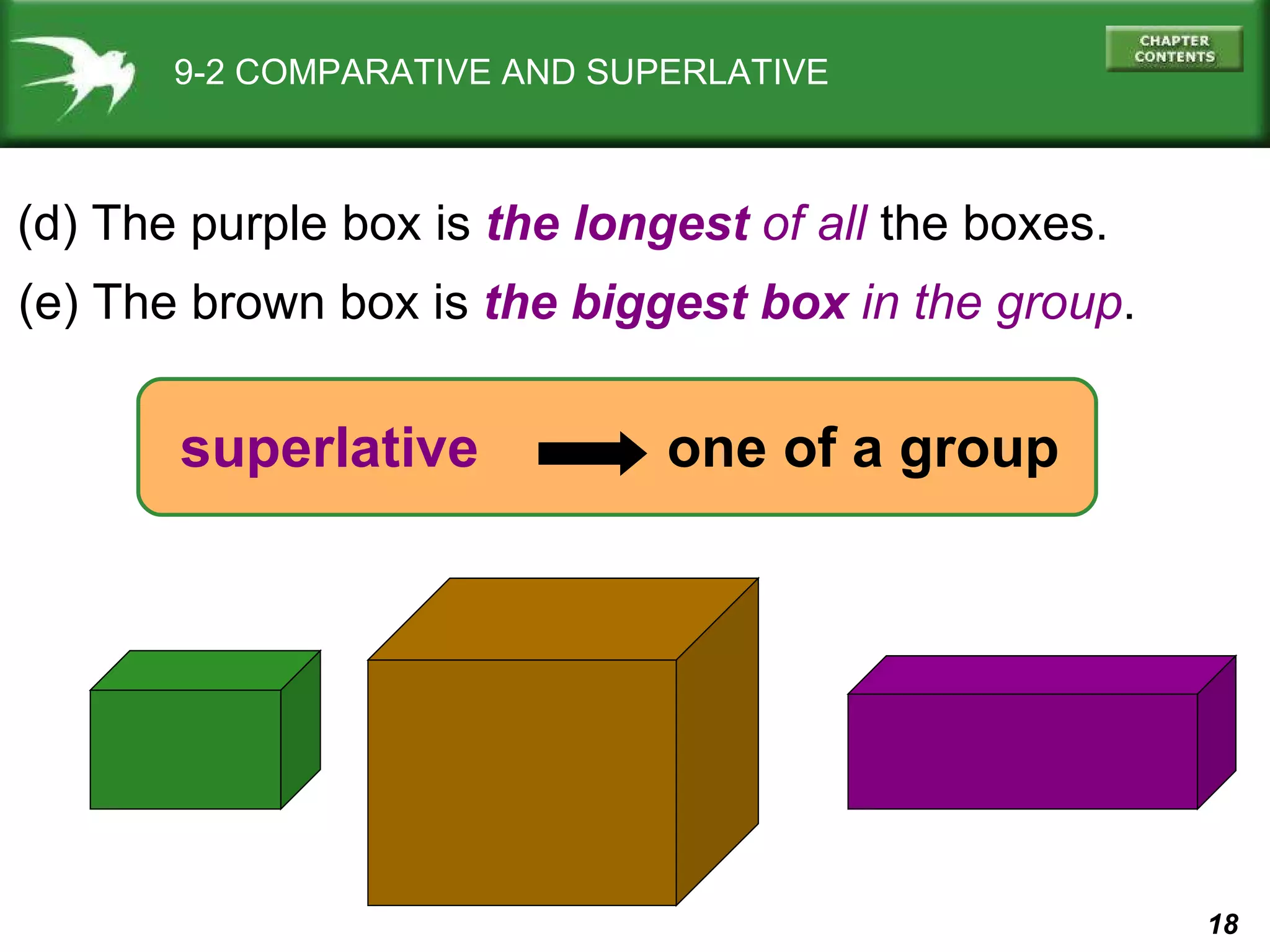 9-2 COMPARATIVE AND SUPERLATIVE (d) The purple box is  the longest   of all  the boxes. superlative   one of a group (e) The brown box is  the biggest box  in the group . 