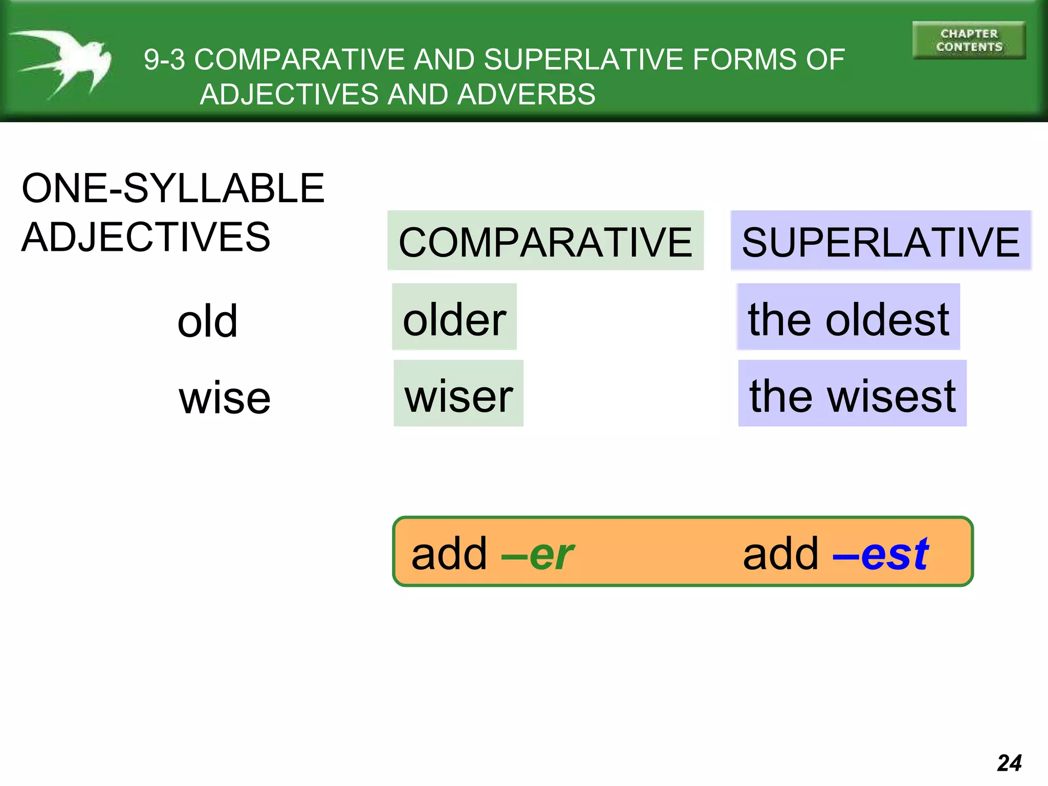 9-3 COMPARATIVE AND SUPERLATIVE FORMS OF   ADJECTIVES AND ADVERBS ONE-SYLLABLE ADJECTIVES COMPARATIVE SUPERLATIVE old wise older wiser the oldest the wisest add  –er add  –est 