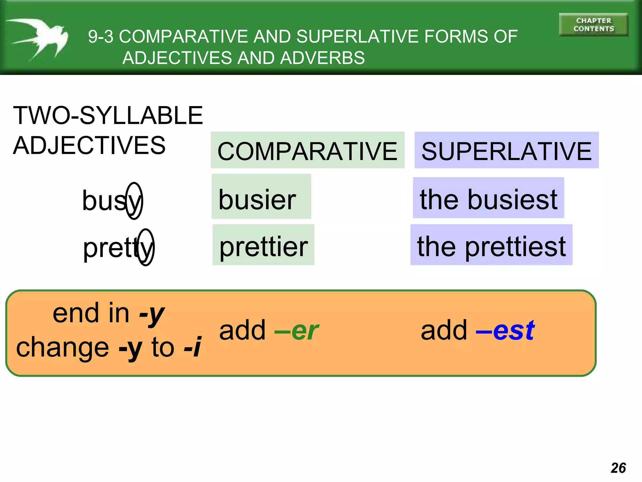 9-3 COMPARATIVE AND SUPERLATIVE FORMS OF   ADJECTIVES AND ADVERBS TWO-SYLLABLE ADJECTIVES COMPARATIVE SUPERLATIVE busy pretty busier   prettier the busiest the prettiest add  –er add  –est end in  -y change  -y  to  -i 