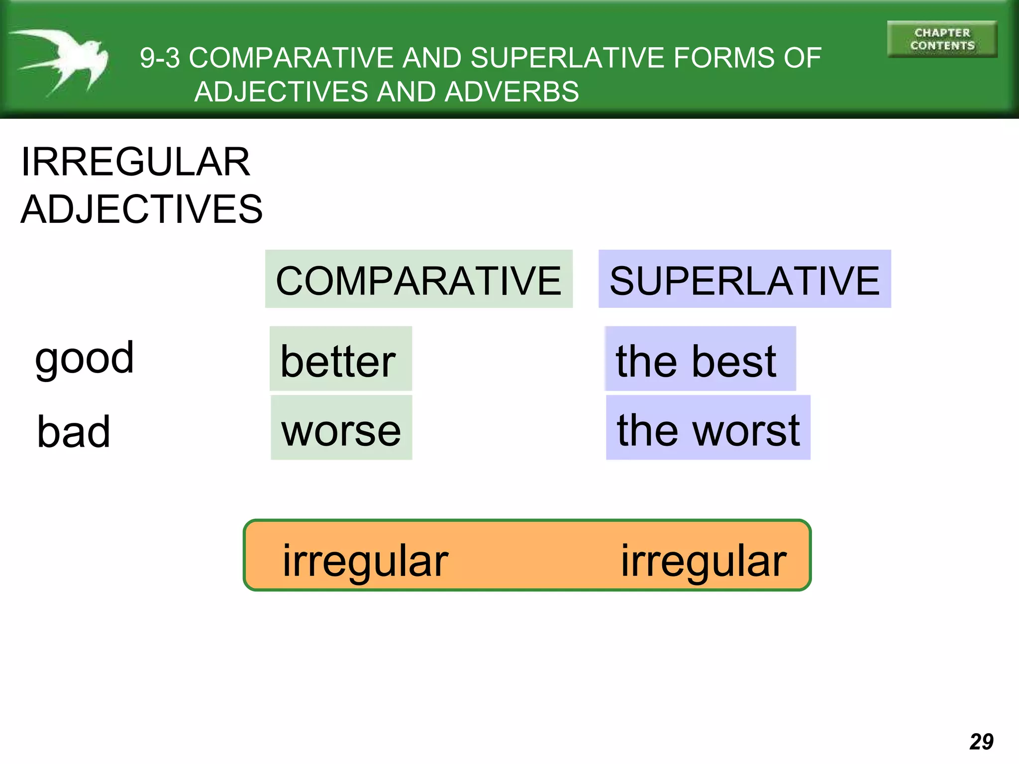 9-3 COMPARATIVE AND SUPERLATIVE FORMS OF   ADJECTIVES AND ADVERBS IRREGULAR ADJECTIVES COMPARATIVE SUPERLATIVE good bad better worse the best the worst irregular  irregular 