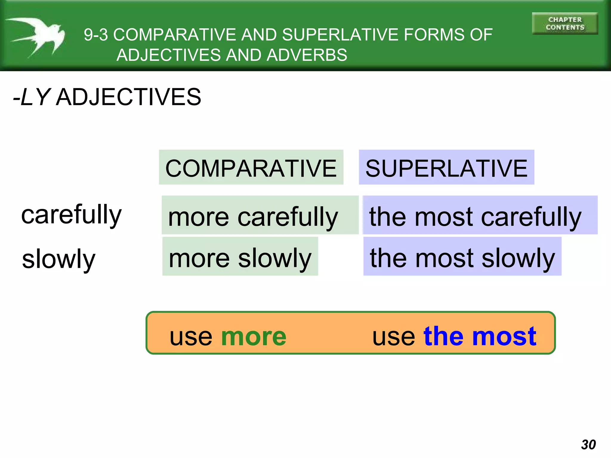 9-3 COMPARATIVE AND SUPERLATIVE FORMS OF   ADJECTIVES AND ADVERBS -LY  ADJECTIVES COMPARATIVE SUPERLATIVE carefully slowly more carefully more slowly the most carefully the most slowly use  more use  the most 