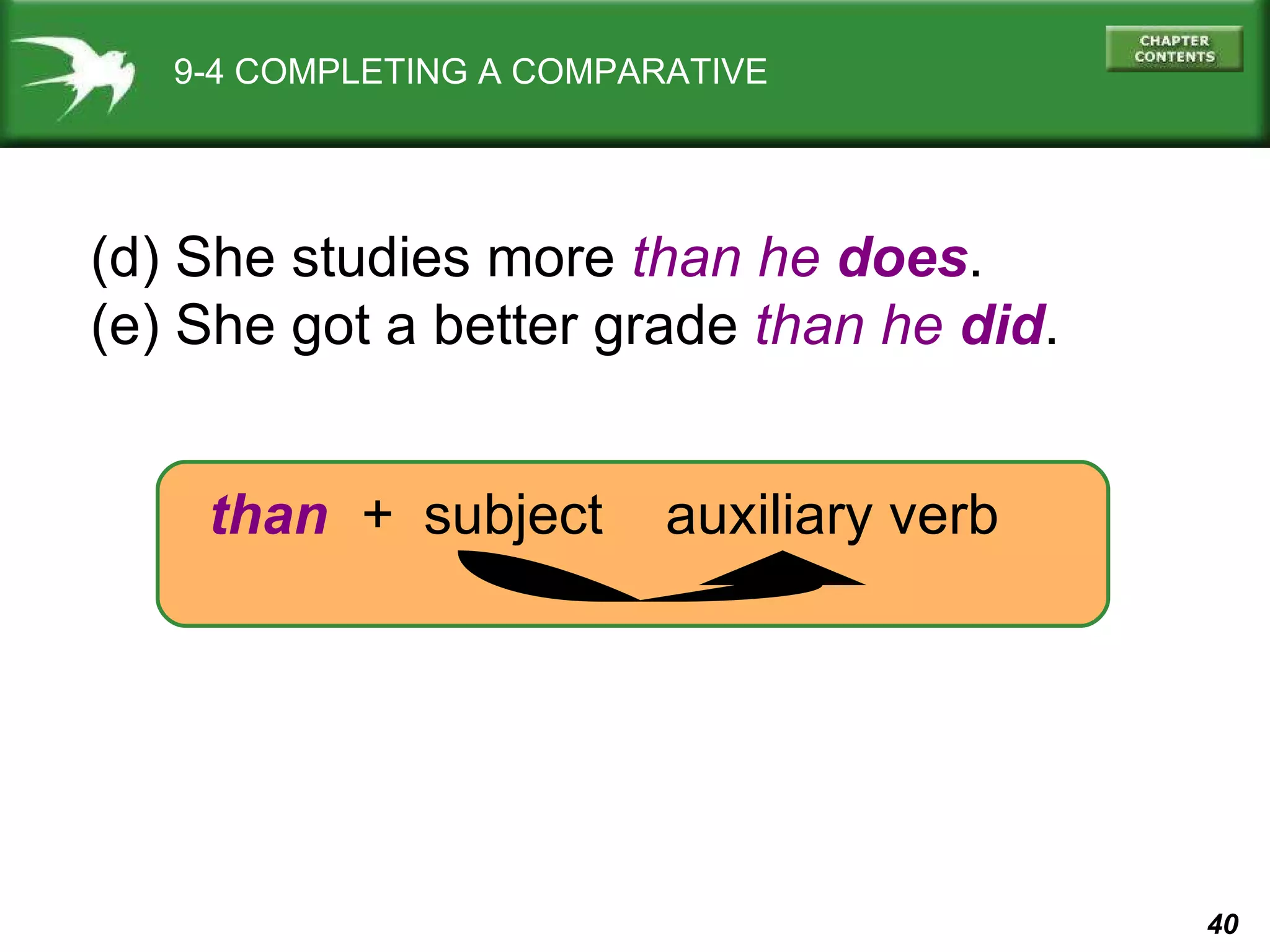 9-4 COMPLETING A COMPARATIVE (d) She studies more  than   he  does . (e) She got a better grade  than   he  did . than   +  subject  auxiliary verb 