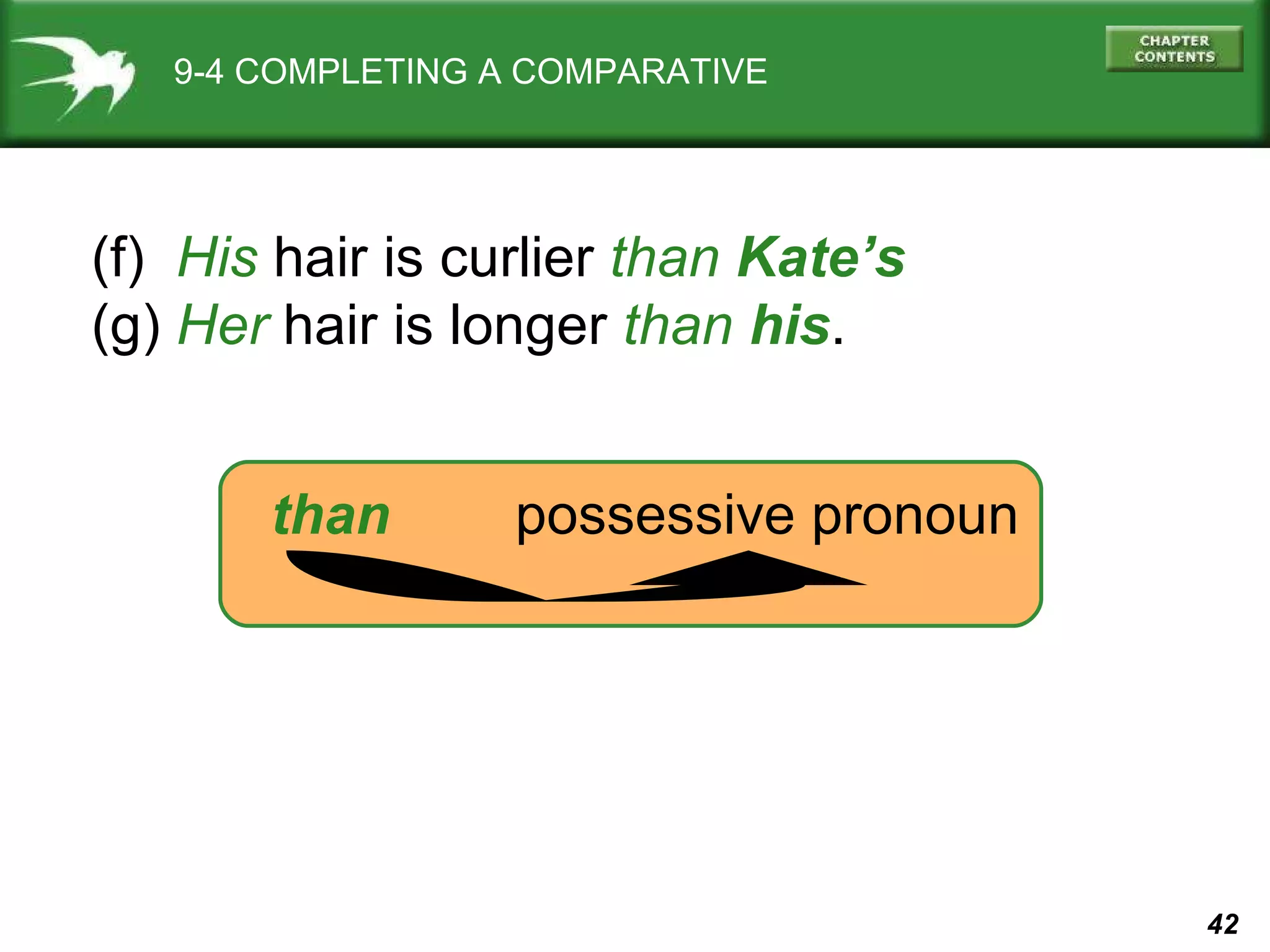 9-4 COMPLETING A COMPARATIVE (f)  His  hair is curlier  than   Kate’s (g)  Her  hair is longer  than   his . than  possessive pronoun 