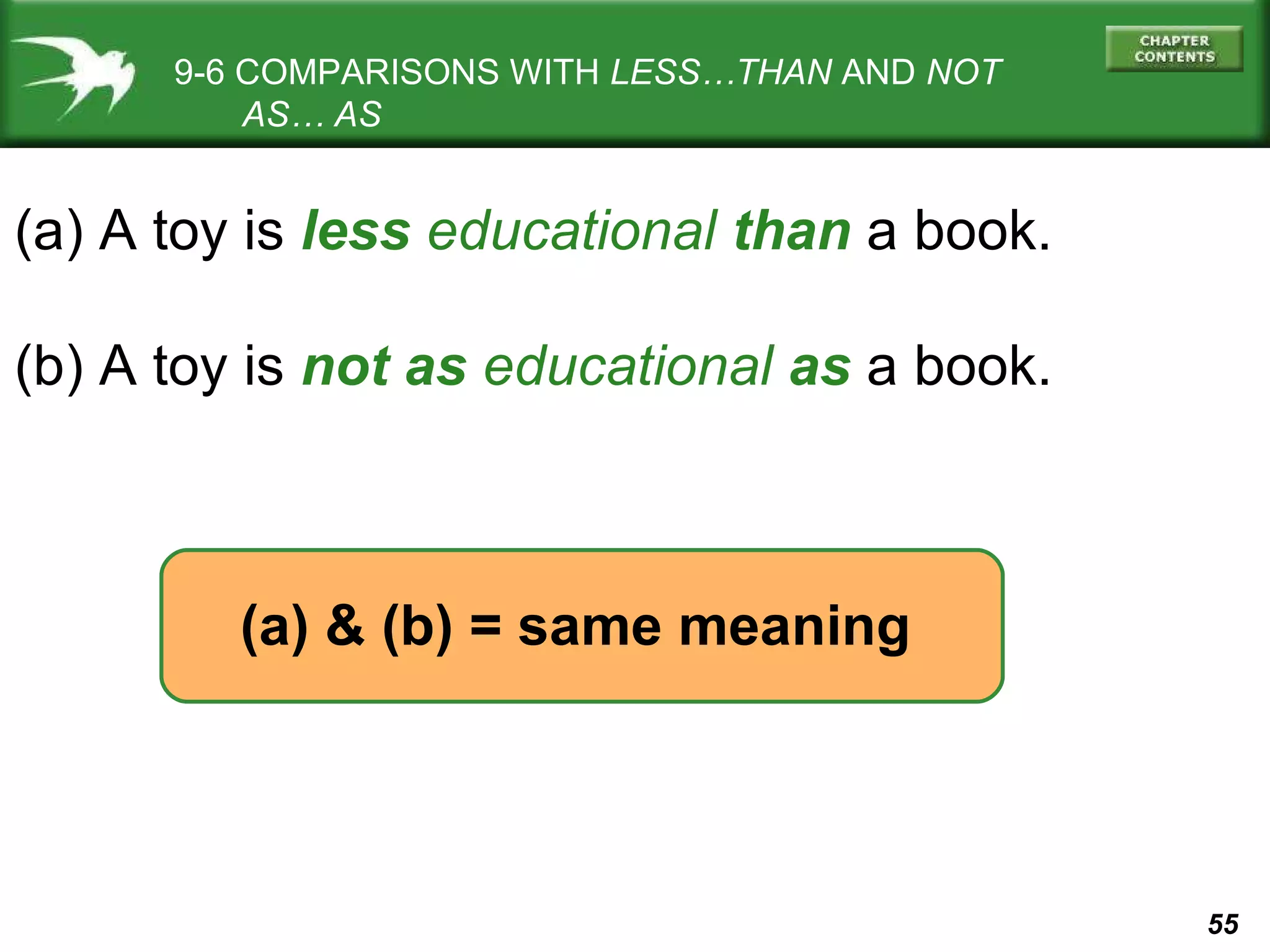 9-6 COMPARISONS WITH  LESS…THAN  AND  NOT   AS… AS (a) A toy is  less  educational   than  a book. (b) A toy is  not as  educational  as  a book. (a) & (b) = same meaning 