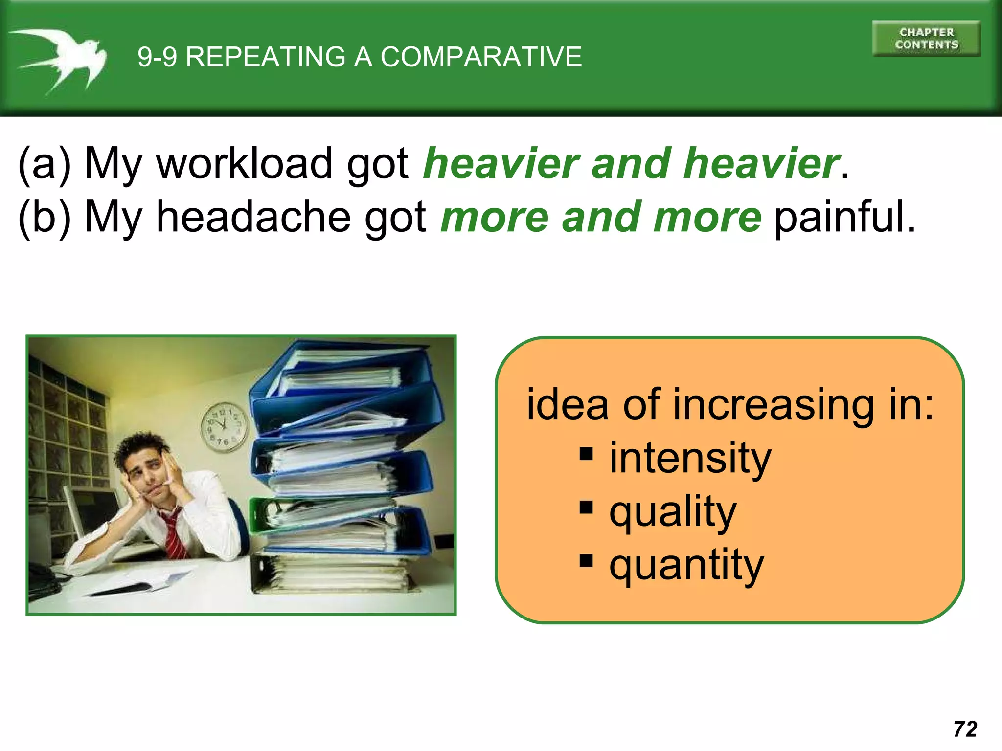 9-9 REPEATING A COMPARATIVE (a) My workload got  heavier and heavier . (b) My headache got  more and more  painful. idea of increasing in: intensity quality quantity 
