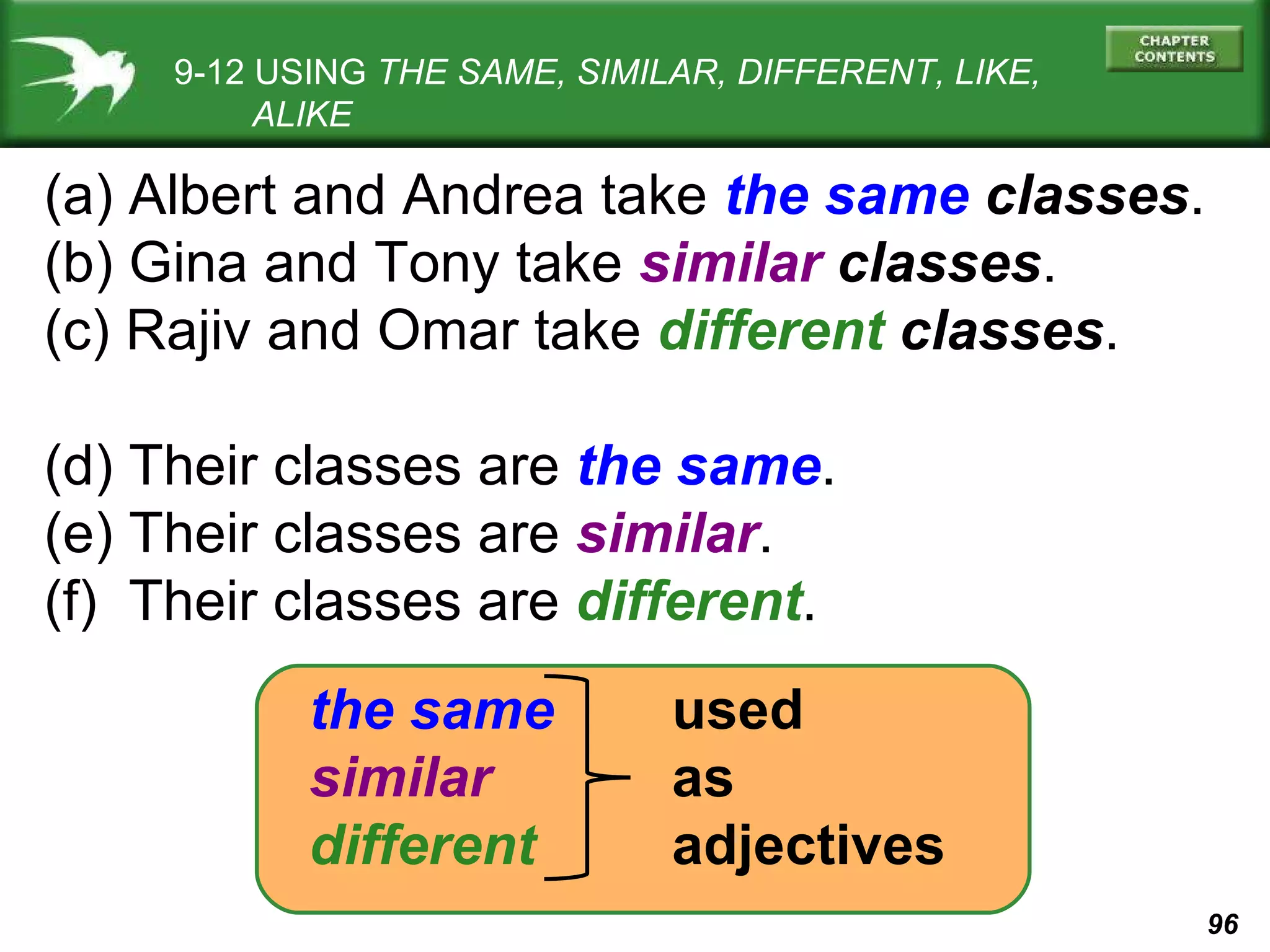 9-12 USING  THE SAME, SIMILAR, DIFFERENT, LIKE,   ALIKE (a) Albert and Andrea take  the same   classes . (b) Gina and Tony take  similar   classes . (c) Rajiv and Omar take  different  classes . (d) Their classes are  the same . (e) Their classes are  similar . (f)  Their classes are  different . the same similar  different used  as  adjectives 