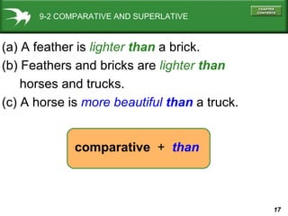 9-2 COMPARATIVE AND SUPERLATIVE (a) A feather is  lighter  than  a brick. (b) Feathers and bricks are  lighter  than   horses and trucks.  (c) A horse is  more beautiful  than  a truck. comparative   +  than 