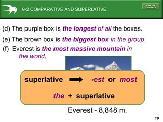 9-2 COMPARATIVE AND SUPERLATIVE (d) The purple box is  the longest   of all  the boxes. (e) The brown box is  the biggest box  in the group . Everest - 8,848 m. (f)  Everest is  the most massive mountain  in  the world . - est   or  most the   +  superlative superlative 