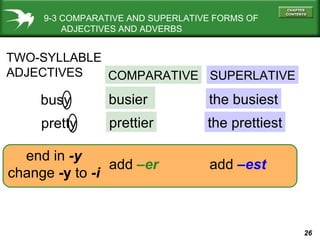 9-3 COMPARATIVE AND SUPERLATIVE FORMS OF   ADJECTIVES AND ADVERBS TWO-SYLLABLE ADJECTIVES COMPARATIVE SUPERLATIVE busy pretty busier   prettier the busiest the prettiest add  –er add  –est end in  -y change  -y  to  -i 