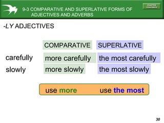 9-3 COMPARATIVE AND SUPERLATIVE FORMS OF   ADJECTIVES AND ADVERBS -LY  ADJECTIVES COMPARATIVE SUPERLATIVE carefully slowly more carefully more slowly the most carefully the most slowly use  more use  the most 