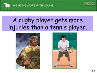 9-8 USING  MORE  WITH NOUNS A rugby player gets more injuries than a tennis player. 