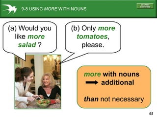 9-8 USING  MORE  WITH NOUNS (a) Would you like  more salad  ? (b) Only  more tomatoes , please. more  with nouns additional than  not necessary 