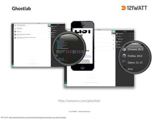 © 121WATT - André Goldmann
Ghostlab
http://vanamco.com/ghostlab/
Bild Quelle: http://www.html5rocks.com/en/tutorials/tooling/synchronized-cross-device-testing/
 
