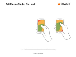 © 121WATT - André Goldmann
Zeit für eine Studie: Ein-Hand
Bild Quelle: http://www.uxmatters.com/mt/archives/2013/02/how-do-users-really-hold-mobile-devices.php
 