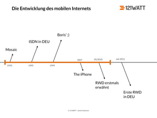 © 121WATT - André Goldmann
Die Entwicklung des mobilen Internets
Mosaic
1993
ISDN in DEU
1995
Boris’ ;)
1999
The iPhone
2007
RWD erstmals 
erwähnt
05/2010
Erste RWD 
in DEU
seit 2011
 