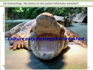 Die Gretchenfrage: Wie können wir eine positive Fehlerkultur entwickeln?
25
Culture eats strategy for breakfast
(Peter Drucker)
Bild:DieterSchütz/pixelio.de
 