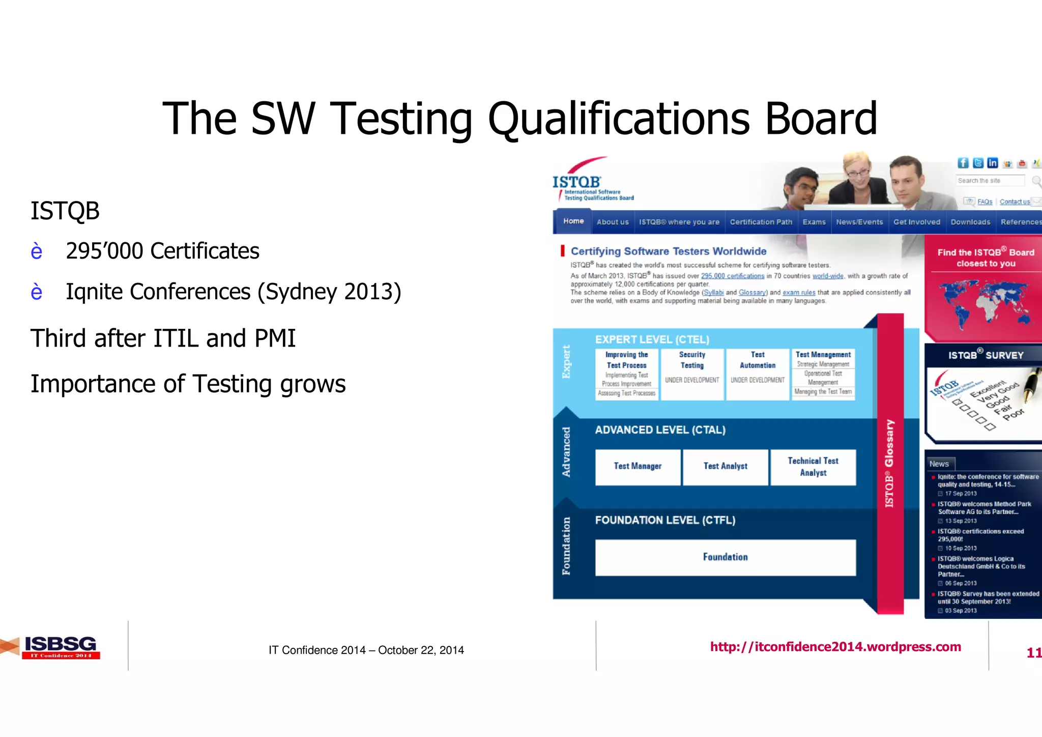11IT Confidence 2014 – October 22, 2014 http://itconfidence2014.wordpress.com
The SW Testing Qualifications Board
l ISTQB
è 295’000 Certificates
è Iqnite Conferences (Sydney 2013)
l Third after ITIL and PMI
l Importance of Testing grows
 