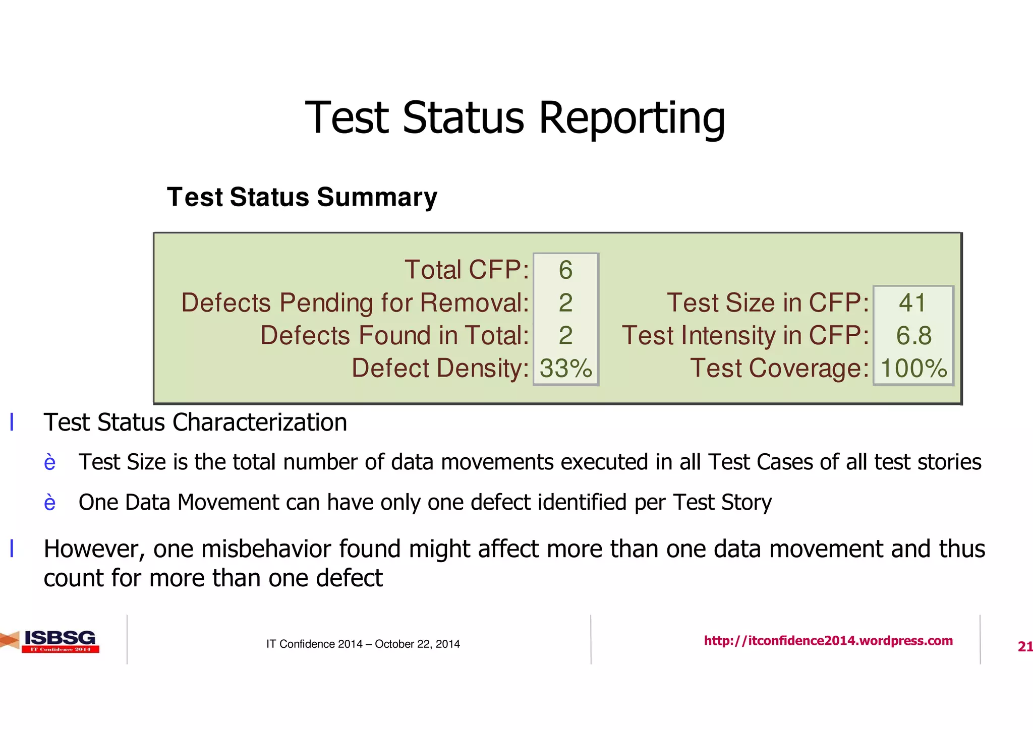 21IT Confidence 2014 – October 22, 2014 http://itconfidence2014.wordpress.com
Test Status Reporting
l Test Status Characterization
è Test Size is the total number of data movements executed in all Test Cases of all test stories
è One Data Movement can have only one defect identified per Test Story
l However, one misbehavior found might affect more than one data movement and thus
count for more than one defect
Test Status Summary
Total CFP: 6
Defects Pending for Removal: 2 Test Size in CFP: 41
Defects Found in Total: 2 Test Intensity in CFP: 6.8
Defect Density: 33% Test Coverage: 100%
 