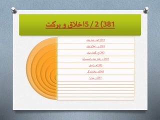 381)2/5‫بركت‬ ‫و‬ ‫اخالق‬
381)‫نيك‬ ‫ت‬ّ‫ني‬‫ـ‬ ‫الف‬
381)‫نيك‬ ‫اخالق‬‫ـ‬ ‫ب‬
383)‫نيك‬ ‫گفتار‬‫ـ‬ ‫ج‬
383)‫همسايه‬ ‫با‬ ‫نيك‬ ‫رفتار‬‫ـ‬ ‫د‬
383)‫استى‬‫ر‬‫ـ‬ ‫ه‬
385)‫بخشندگى‬ ‫ـ‬ ‫و‬
387)‫ا‬‫ر‬‫مدا‬ ‫ـ‬ ‫ز‬
 