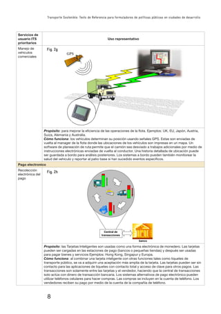 8
Transporte Sostenible: Texto de Referencia para formuladores de políticas públicas en ciudades de desarrollo
Servicios de
usuario ITS
prioritarios
Uso representativo
Manejo de
vehículos
comerciales
GPS
Propósito: para mejorar la eﬁciencia de las operaciones de la ﬂota. Ejemplos: UK, EU, Japón, Austria,
Suiza, Alemania y Australia.
Cómo funciona: los vehículos determinan su posición usando señales GPS. Estas son enviadas de
vuelta al manager de la ﬂota donde las ubicaciones de los vehículos son impresas en un mapa. Un
software de planeación de ruta permite que el camión sea desviado a trabajos adicionales por medio de
instrucciones electrónicas enviadas de vuelta al conductor. Una historia detallada de ubicación puede
ser guardada a bordo para análisis posteriores. Los sistemas a bordo pueden también monitorear la
salud del vehículo y reportar al patio base si han sucedido eventos especíﬁcos.
Pago electronico
Recolección
electrónica del
pago
����������
�������������
�����
Propósito: las Tarjetas Inteligentes son usadas como una forma electrónica de monedero. Las tarjetas
pueden ser cargadas en las estaciones de pago (bancos o pequeñas tiendas) y después ser usadas
para pagar bienes y servicios Ejemplos: Hong Kong, Singapur y Europa.
Cómo funciona: al combinar una tarjeta inteligente con otras funciones tales como tiquetes de
transporte público, se va a adquirir una aceptación más amplia de la tarjeta. Las tarjetas pueden ser sin
contacto para las aplicaciones de tiquetes con contacto total y acceso de clave para otros pagos. Las
transacciones son solamente entre las tarjetas y el vendedor, haciendo que la central de transacciones
solo actúa con dinero de transacción bancaria. Los sistemas alternativos de pago electrónico pueden
utilizar teléfonos celulares para hacer compras. Las compras se incluyen en la cuenta de teléfono. Los
vendedores reciben su pago por medio de la cuenta de la compañía de teléfono.
Fig. 2g
Fig. 2h
 