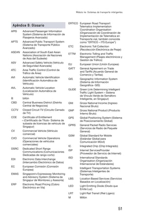 51
Módulo 4e: Sistemas de transporte inteligentes
Apéndice B: Glosario
APIS Advanced Passenger Information
System (Sistema de Información de
Pasajeros Avanzado)
APTS Advanced Public Transport System
(Sistema de Transporte Público
Avanzado)
ASEAN Association of South East Asian
Nations (Asociación de Naciones
de Asia del Sudeste)
ASV Advanced Safety Vehicle (Vehículo
de Seguridad Avanzada)
ATC Area Trafﬁc Control (Control de
Tráﬁco de Área)
AVI Automatic Vehicle Identiﬁcation
(Identiﬁcación Automática de
Vehículo)
AVL Automatic Vehicle Location
(Localización Automática de
Vehículo)
B billón
CBD Central Business District (Distrito
Central de Negocios)
CCTV Closed Circuit TV (Circuito Cerrado
de TV)
COE Certiﬁcate of Entitlement
– (Certiﬁcado de Título- Sistema de
subasta de licencias de vehículo de
Singapur)
CV Commercial Vehicle (Vehículo
comercial)
CVO Commercial Vehicle Operations
(Operaciones de vehículos
comerciales)
DSRC Dedicated Short Range
Communications (Comunicaciones
Dedicadas de rango corto)
EDI Electronic Data Interchange
(Intercambio Electrónico de Datos)
EC European Comisión (Comisión
Europea)
EMAS Singapore's Expressway Monitoring
and Advisory System (Sistema de
Singapur de Monitoreo y Asesoría)
ERP Electronic Road Pricing (Cobro
Electrónico en Vía)
ERTICO European Road Transport
Telematics Implementation
Coordination Organisation
(Organización de Coordinación de
Implementación de Telemática en
Transporte vial, también conocida
como “ERTICO – ITS Europe”)
ETC Electronic Toll Collection
(Recolección Electrónica de Peaje)
ETTM Electronic Tolling and Trafﬁc
Management (Peajes electrónicos y
Gestión de Tráﬁco)
EU European Union (Unión Europea)
GATT General Agreement on Trade
and Tariffs (Acuerdo General de
Comercio y Tarifas)
GIS Geographic Information System
(Sistema de Información
Geográﬁca- GIS)
GLIDE Green Link Determining Intelligent
Trafﬁc Light System – Sistena
de Vínculo Verde de Semáforo
Inteligente, en Singapur)
GNI Gross National Income (Ingreso
Nacional Bruto)
GNP Gross National Product (Producto
Interno Bruto)
GPS Global Positioning System (Sistema
de Posicionamiento Global)
GPRS General Packet Radio Services
(Servicios de Radio de Paquete
General)
GSM Global Standard for Mobile
(Estándar Global para
Comunicación Móvil)
IC Integrated Chip (Chip Integrado)
ISP Internet ServicesProvider
(Proveedor de Servicio de Internet)
ISO International Standards
Organisation (Organización
Internacional de Estándares)
ITS Intelligent Transportation Systems
(Sistemas Inteligentes de
Transporte)
LBS Location Based Services (Servicios
Basados en Localización)
LED Light Emitting Diode (Diodo que
Emite Luz)
LRT Light Rail Transit (Riel Ligero)
M Millón
 