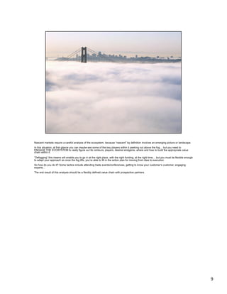 Nascent markets require a careful analysis of the ecosystem, because “nascent” by definition involves an emerging picture or landscape.
In this situation, at first glance you can maybe see some of the key players within it peeking out above the fog… but you need to
ENGAGE THE ECOSYSTEM to really figure out its contours, players, desired endgame, where and how to build the appropriate value
chain within it.

“Defogging” this means will enable you to go in at the right place, with the right funding, at the right time… but you must be flexible enough
to adapt your approach so once the fog lifts, you’re able to fill in the action plan for moving from idea to execution.
So how do you do it? Some tactics include attending trade events/conferences, getting to know your customer’s customer, engaging
experts…
The end result of this analysis should be a flexibly defined value chain with prospective partners.
	
  




                                                                                                                                                 9	
  
 