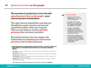 © 2018 private & confidential FEI 2018 KEY THEMES5
➫ Spend more time on the people
The success of a project has a lot to do with
spending more time on the people - your
internal project stakeholders.
The right internal stakeholders can help you
identify the assets, barriers and internal
capabilities hidden within the company.
They can also help you surface systemic
pressures that surround a problem.
Be intentional about how you engage with
stakeholders by adapting your innovation
persona to the situation and need.  
* FROM MIKE REHORST’S (NORTHWESTERN MUTUAL) SESSION: “THE MANY FACES OF AN
INTRAPRENEUR: A CONVERSATION ON ADAPTING TO A CHANGING CORPORATE
TERRAIN”
The Ninja - working on limited resources and time, Ninjas capture the evidence needed for
quick and swift wins
The Farmer - patiently plants the seeds of insights and innovation throughout the organization -
nurtures them slowly over time
The Diplomat - empathetic storytellers and relationship builders who look for synergies and
alliances throughout the organization
The Blocker - playing a trusted defense role to creates safe spaces for innovation, thinking,
reflection and risk-taking
Take their quiz to find out what your main style is: uquiz.com/QTBW03
CONIFER RECOMMENDS: 
• Include a broad set of
stakeholders to lower the
risk in the long run.
• Leverage your vendor
partners as a tool to help
you engage stakeholders
throughout your project. 
• Compare stakeholder,
consumer and end user
perspectives. Visualize the
complexity of these internal
and external layers.
• Information modeling and
journey-mapping can be an
invaluable way of surfacing
the layers of complexity and
relationships across
stakeholders. 
➫
 