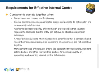 Requirements for Effective Internal Control
Components operate together when:
– Components are present and functioning
– Internal control deficiencies aggregated across components do not result in one
or more major deficiencies
– An internal control deficiency or combination of deficiencies that severely
reduces the likelihood that the entity can achieve its objectives is a major
deficiency
– A major deficiency exists when management determines that a component and
relevant principle is not present or functioning or components are not operating
together
– Management uses only relevant criteria (as established by regulators, standard-
setting bodies, and other relevant third parties) for defining severity of,
evaluating, and reporting internal control deficiencies
 