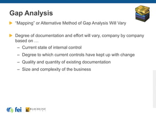 Gap Analysis
“Mapping” or Alternative Method of Gap Analysis Will Vary
Degree of documentation and effort will vary, company by company
based on …
– Current state of internal control
– Degree to which current controls have kept up with change
– Quality and quantity of existing documentation
– Size and complexity of the business
 